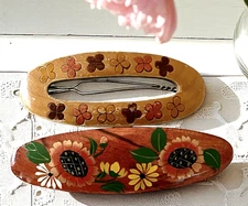 Vintage 2 Wood Barrettes Hand Painted Lacquered Flowers Hippie Boho 1970's