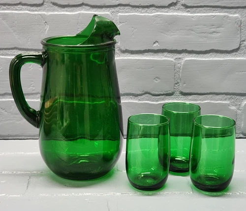 Vintage Anchor Hocking Forest Green 36 oz. Ice Lip Pitcher and 3 Juice Glasses