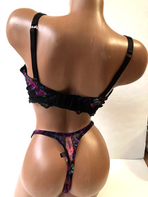 Victoria's Secret Shine Black Strap Bombshell Push Up Bra Thong Set Moody Floral