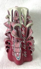Vintage Hand Carved Ribbon Candle Pink Cream Blue Retro Layered Dip Candle 7"
