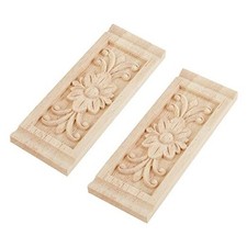 2PCS Rectangle with Flower Wood Carving Decal Unpainted Home 6.3x2.4inch
