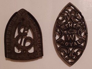 2 Antique Cast Iron Footed Trivet Rest Enterprise MFG Philadelphia USA & W Royal