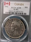 1952 Canada 1 Dollar No Water Lines AU55 KM#46 King George
