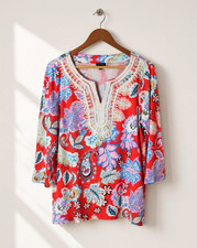 TALBOTS Pima Cotton Blend Red Paisley Floral Print Crochet Tunic Size Large