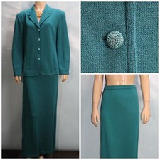 St. John Evening Teal Green Jacket Skirt L Size 14 12 10 2pc Suit Buttons Collar
