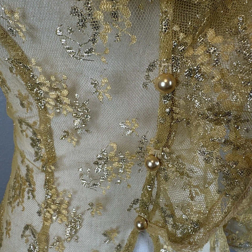 Camisa de vestir vintage Betsey Johnson años 90 dorada pura floral con volantes de encaje talla S Foto 3 de 4