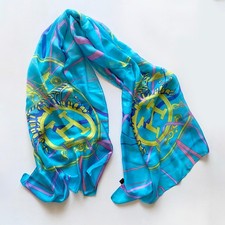 VTG Equestrian Horsebit Chain Print Silk Feel Oblong Scarf Blue Gold 35"X66"