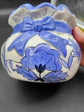 Vintage Ben Rickert China Blue & White Floral Planter Vase (Bag Shape)