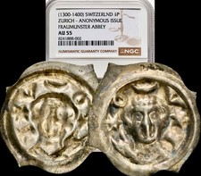1300-1400 ZURICH Fraumunster Abbey Medieval Swiss Silver 1 Pfennig Coin NGC AU55