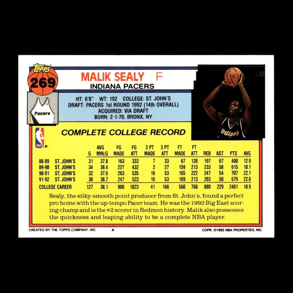 Malik Sealy 1993-94 Topps Rookie Indiana Pacers #269 R328O 51 | eBay