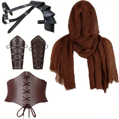 5pcs/sets Medieval Set PU Leather Corset Belt Soft Shawl Half Shoulder Scarf