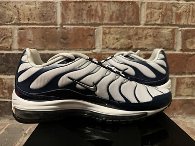 New 10 Nike Air Max 97 Plus Silver Shark White Navy Blue Metallic