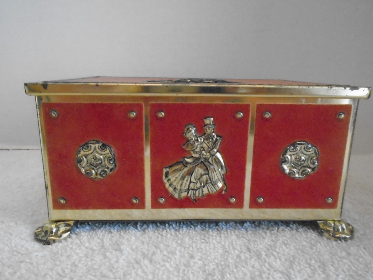 Vintage Western Germany Victorian Couple Square Velour Metal Tin