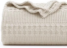 PHF 100% Cotton Waffle Weave Blanket King Size - King(108"x90"), Light Khaki 