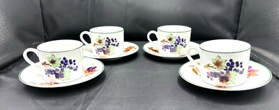 Royal Worcester Evesham Vale Porzellan Kaffeetassen und Untertassen x 4 1986 Obst