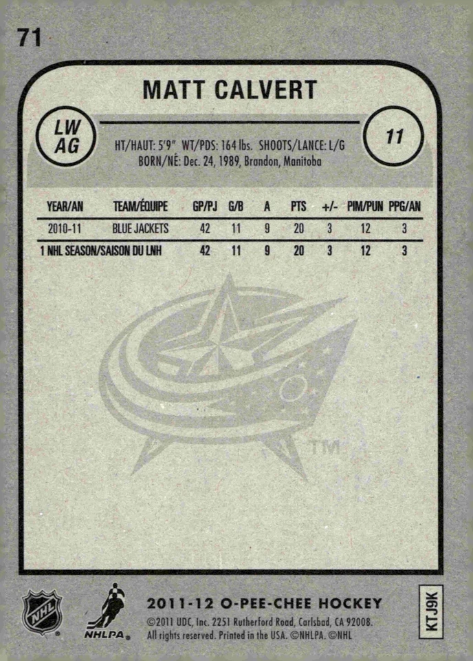 Matt Calvert - Signed 2011-12 O-Pee-Chee Card #71 - Image 2 of 2