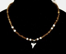 NEW BROWN COCONUT,PUKA SHELL BEADS,GENUINE SHARK TOOTH CHARM PENDANT NECKLACE