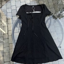 SHEIN Black Knit Square Neck Lace Trim Tie Front Cap Sleeve Mini Dress XS