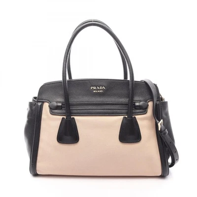 Sac à main bandoulière bandoulière logo PRADA toile cuir Saffiano beige noir ... - Photo 1/4