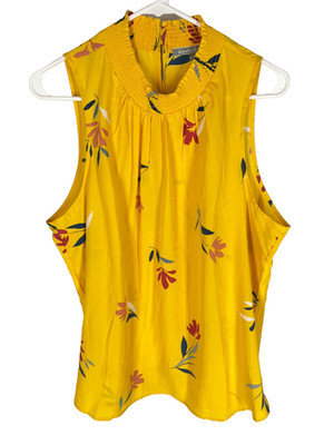 DANIEL RAINN Blouse XL Yellow Floral Sheer Boho Peasant Beachy Top Smocked NEW