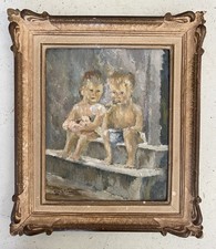 ANTICO DIPINTO OLIO "onaliM" Renato Milano BOLLE SAPONE RITRATTO BIMBI SEDUTI 50