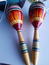 Vintage Wooden Maracas Made in Mexico Beautiful Hand Painted and Carved Set of 2