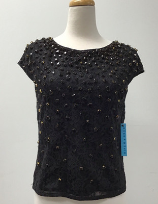 ALICE + OLIVIA NWT Embellished Crop Cap Sleeve Top Small Black