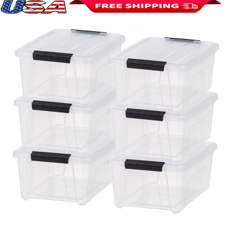 Storage Bins W/ Lids 6 Pack Durable Stackable Plastic Containers Organization US-image