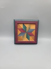 Star Quilt Hand Painted Signed 5x5 Inches Framed Wood Quilt