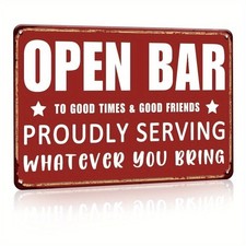 Vintage "Open Bar" Metal Sign - Retro Wall Decor for Home Bars Tin Metal Signs