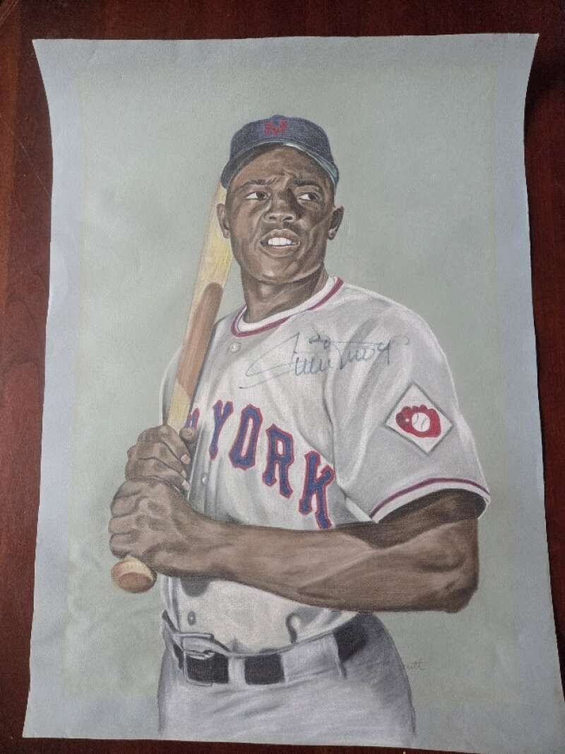 Willie Mays PSA DNA Signed 16x20 Fantastic Original Pastel Artwork Autograph