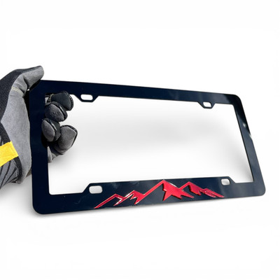 OFF ROAD 3D M.Red MOUNTAINS Emblem Gloss BLACK Car License Plate Frame RUST FREE