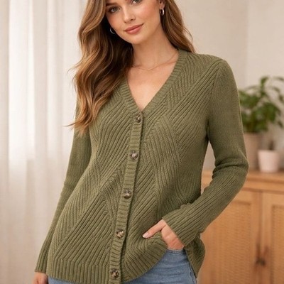 Cabi Aerial Cardigan #3536 Size S Olive Green Diagonal Ribbed Knit Long  Vneck