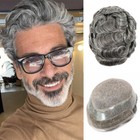 Grey Human Hair Toupee for Men Pu Fine Mono Lace Front Male Wig System Hairpiece