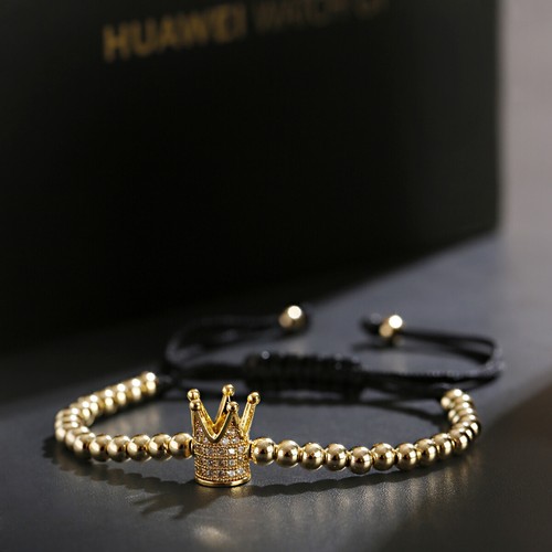 Luxury 24k Gold Plated CZ Crown 4mm Bead Braided Macrame Bracelets For Men Women - Picture 3 of 42