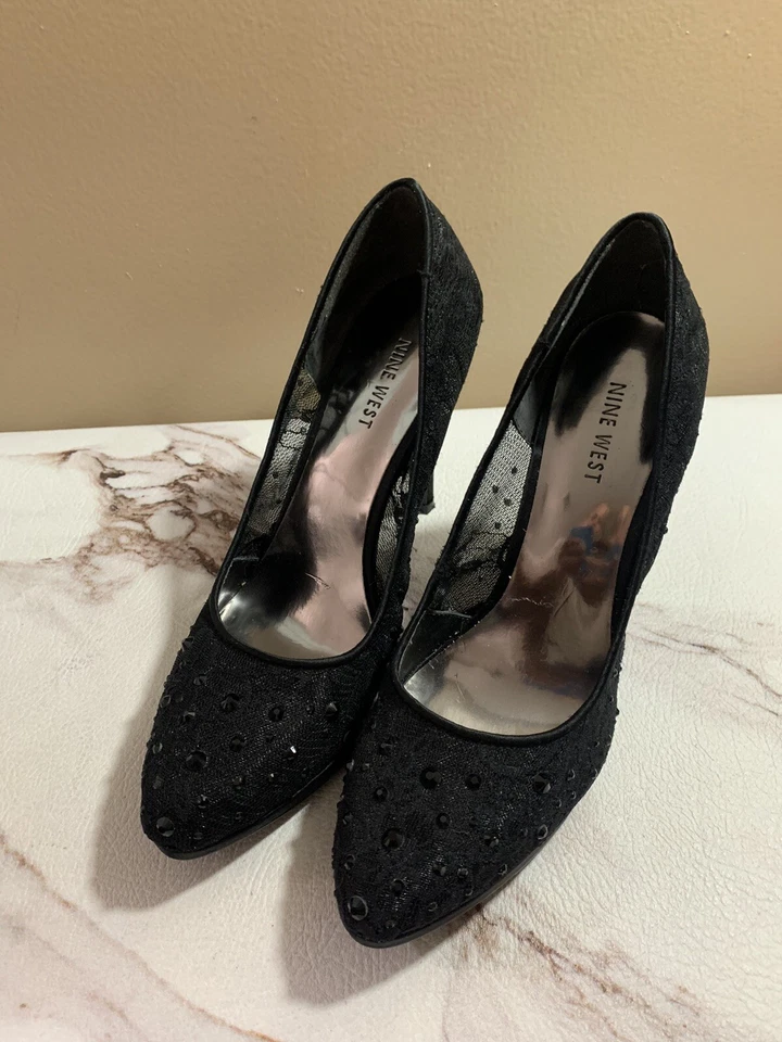 BOMBA TACÓN MALLA ADORNADO NEGRO MUJER NINE WEST TALLA 7.5 Foto 2 de 4