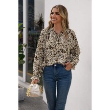 Printed Tie Neck Frill Trim Flounce Sleeve Blouse