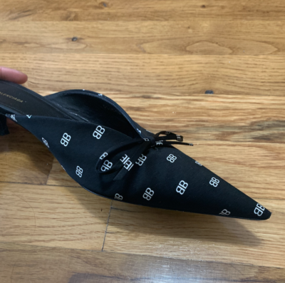 BALENCIAGA KNIFE MULES SIZE 37.5 BB LOGO SATIN ONLY USED THREE