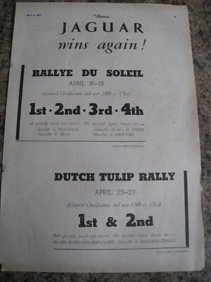JAGUAR WINS AGAIN RALLYE DU SOLEIL DUTCH TULIP RALL 1951 ADVERT APPROX A4 FILE 4