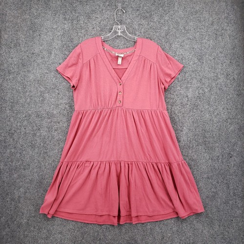 Knox Rose Dress Womens L Large Pink Mini V Neck Tier Short Sleeve A Line Stretch