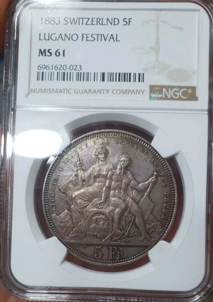 NGC MS 61 Switzerland Lugano 1883 1 Shooting Thaler 5 Francs Coin Unc Silver - Image 2 of 4
