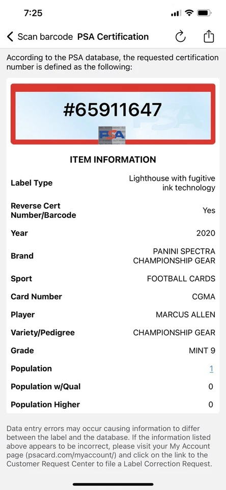 2020 Panini Spectra Championship Gear #CGMA Marcus Allen PSA 9 Serial #36/75 - Image 4 of 4