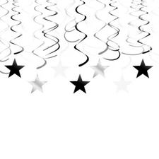 Black White and Silver Hanging Swirl Decorations with Star Cutouts Set of 30