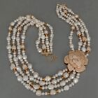 Pearl Cubic Zirconia Pave Pendant Necklace 19" 4 Strands Cultured White Baroque