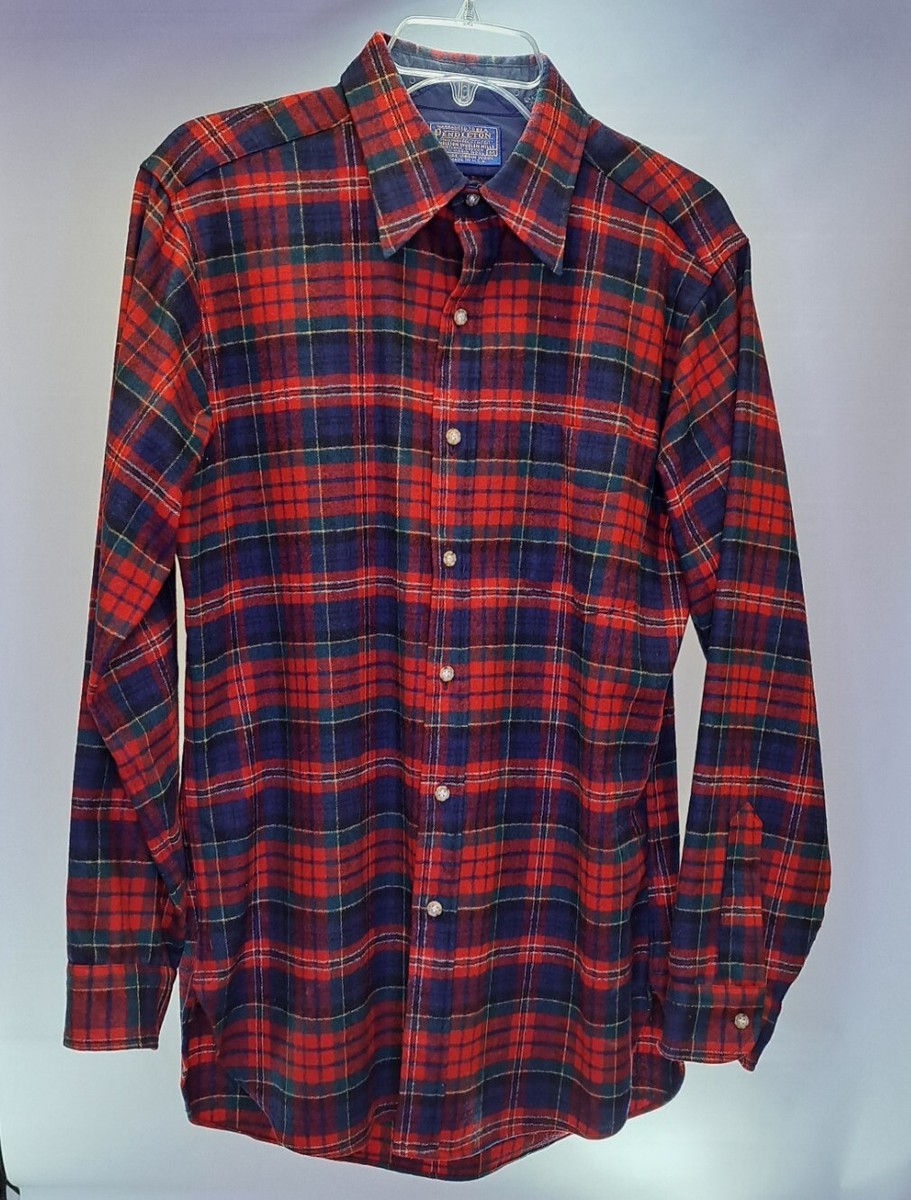 Vintage M Pendelton 100% Pure Virgin Wool Red Blue Button Up Shirt