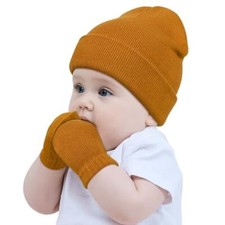 Baby Beanie Hat Gloves Set, Kids Winter 3-24 Months Caramel Colors No Thumbs 