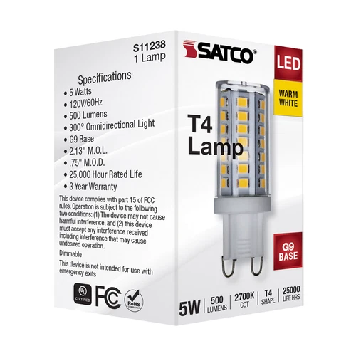 Satco S11238 Dimmable LED 5W =40W 120V Double Loop G9 T4 Clear 2700K Warm White - Picture 9 of 9