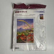 Riolis Cross-Stitch Kit 2177 West Wind Mountain Village Rainbow Scenic *USA SHIP