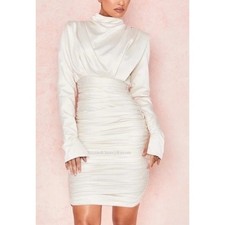House of CB London Giorgiana White Ruched Satin Long Sleeve Mini Dress Sz S