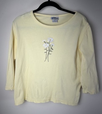 Las Olas Womens Sz M Embroidered 3/4 Sleeve Daisy Yellow Shirt Floral VTG